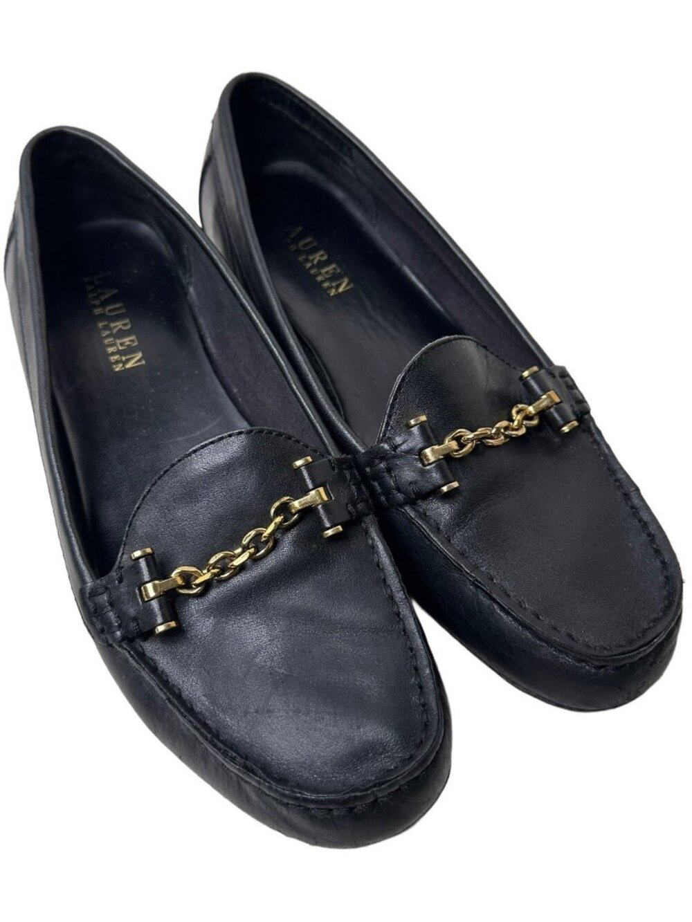Lauren Ralph Lauren Women's Cayla Slip-On Loafers Leather Black Gold Chain 9.5